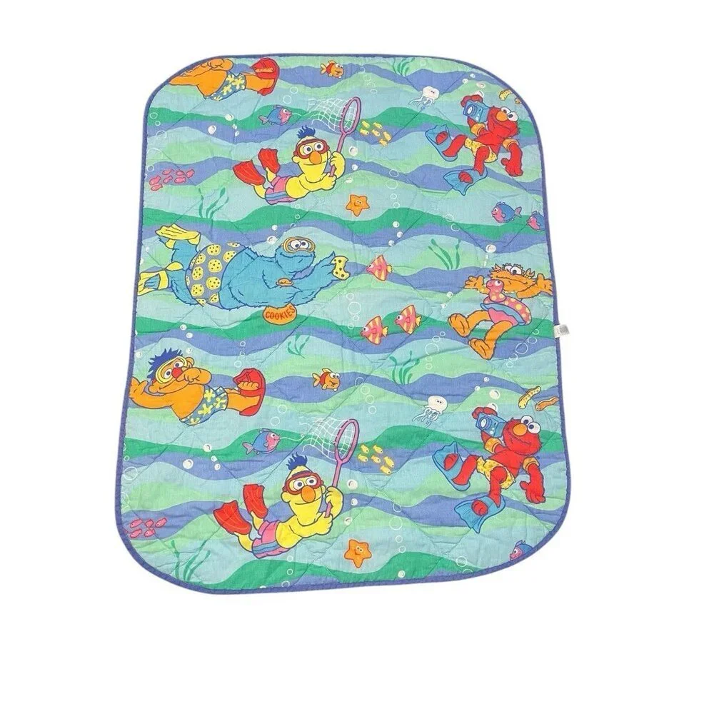 Vintage Sesame Street Quilt Baby Blanket Crib Bedding Elmo Bert Ernie Swimming